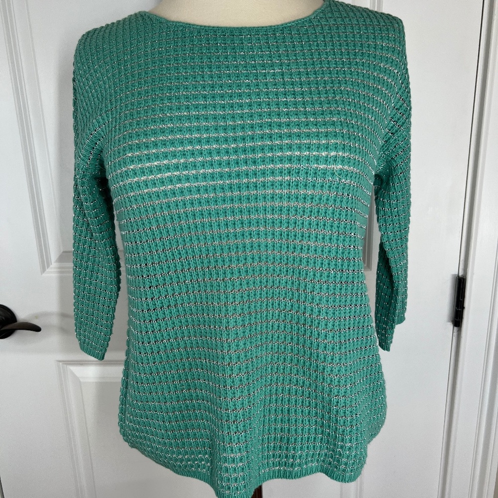 Chico's Sz.0 Small Teal With Silver Thread 3/4 Sleeve Scoop Neck Sweater